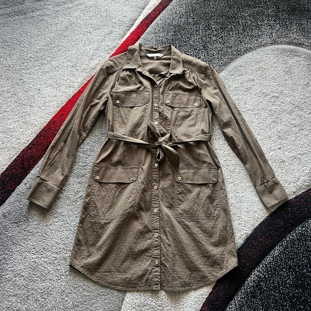 Trina Turk Olive Green Button Front Tie Waist Shirt Dress